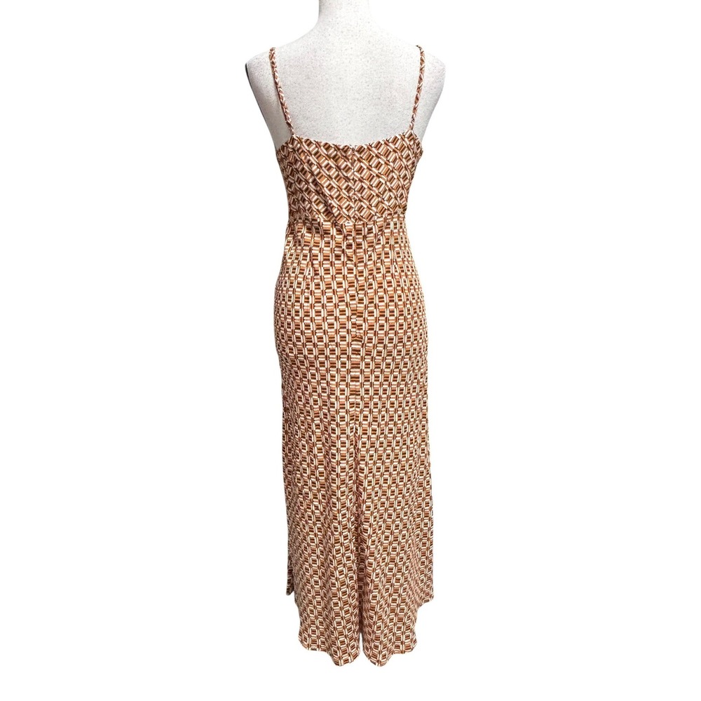 Faithfull the Brand Ruched Bust Brown Orange Midi Dress Geometric Print Sz 6 - Picture 4 of 9